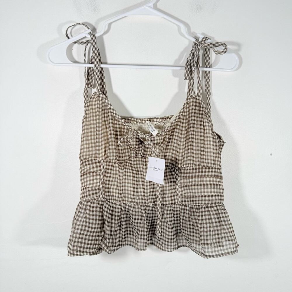 NWT American Eagle Brown White Plaid Should Tie Chiffon Babydoll Top Large - Picture 2 of 12
